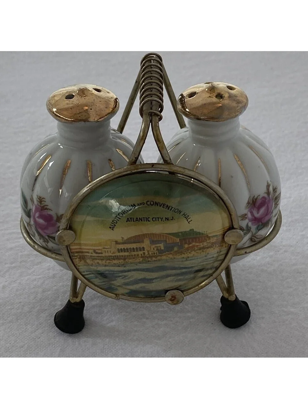 Vtg Ceramic Atlantic City, NJ White & Gold Dipped Rose Shakers W/Caddy, Japan